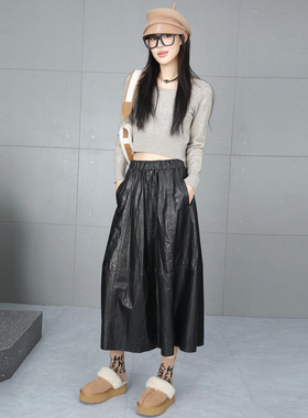 半身裙2025年冬季新款油蜡皮黑色皮裙牛皮松紧腰长裙过膝A字裙子