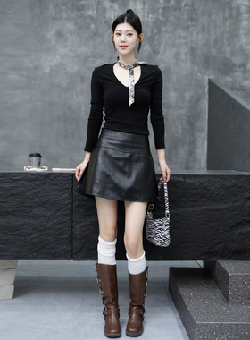A字裙2025年秋季新款真皮黑色皮裙显瘦短裤裙绵羊皮修身半身裙子