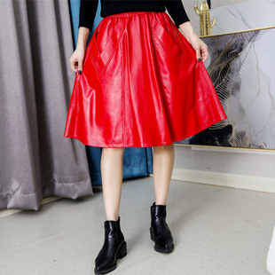 真皮过膝皮裙绵羊皮中长裙红色皮裙松紧腰A字裙 半身裙女秋冬新款