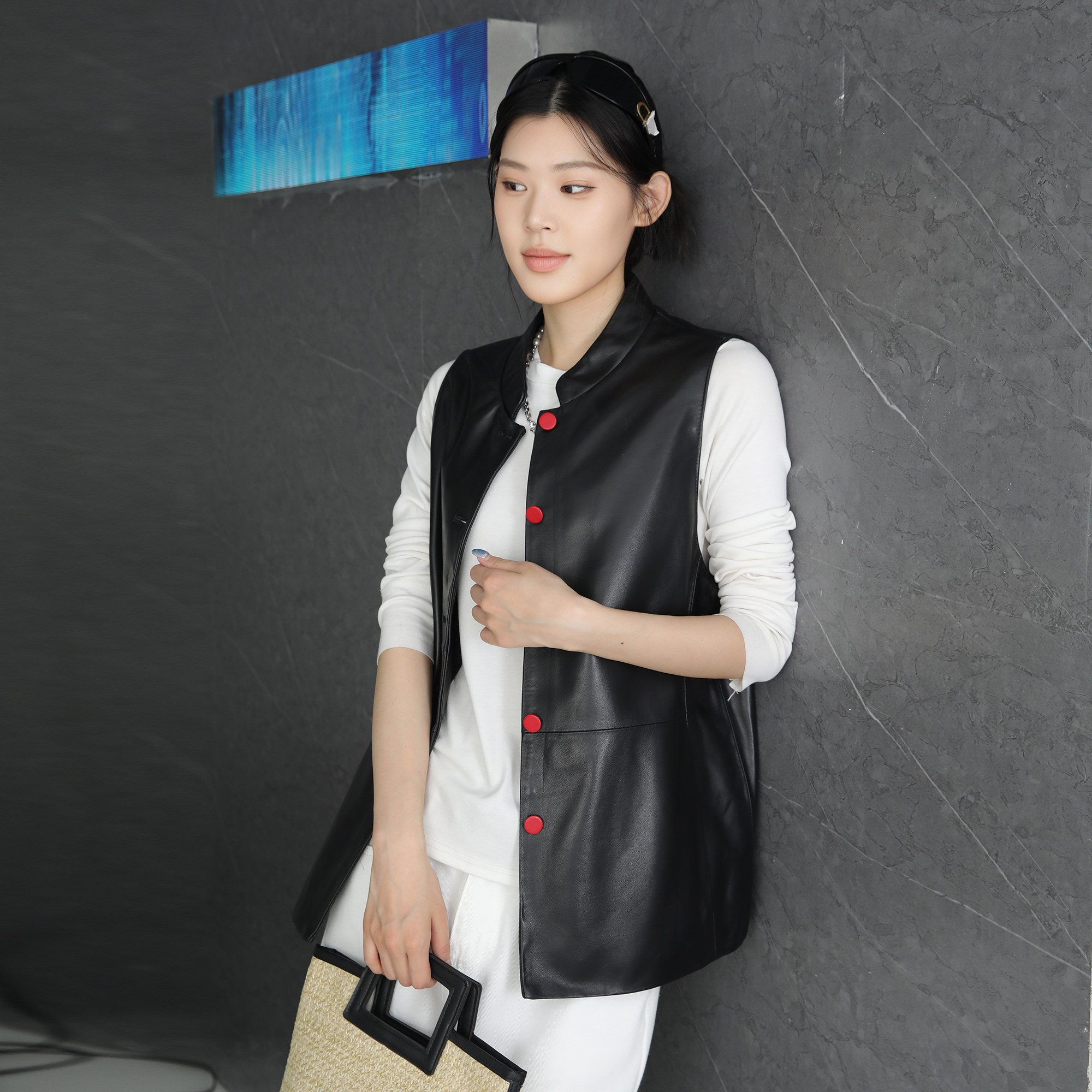 真皮绵羊皮立领中长款马甲女