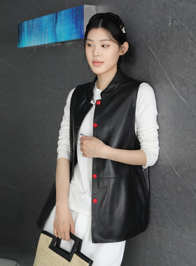 真皮绵羊皮立领中长款马甲女