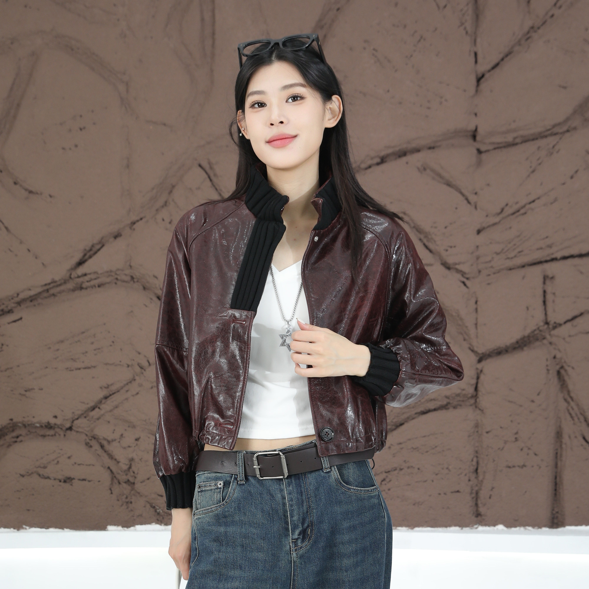 复古酷飒真皮短款机车皮衣女