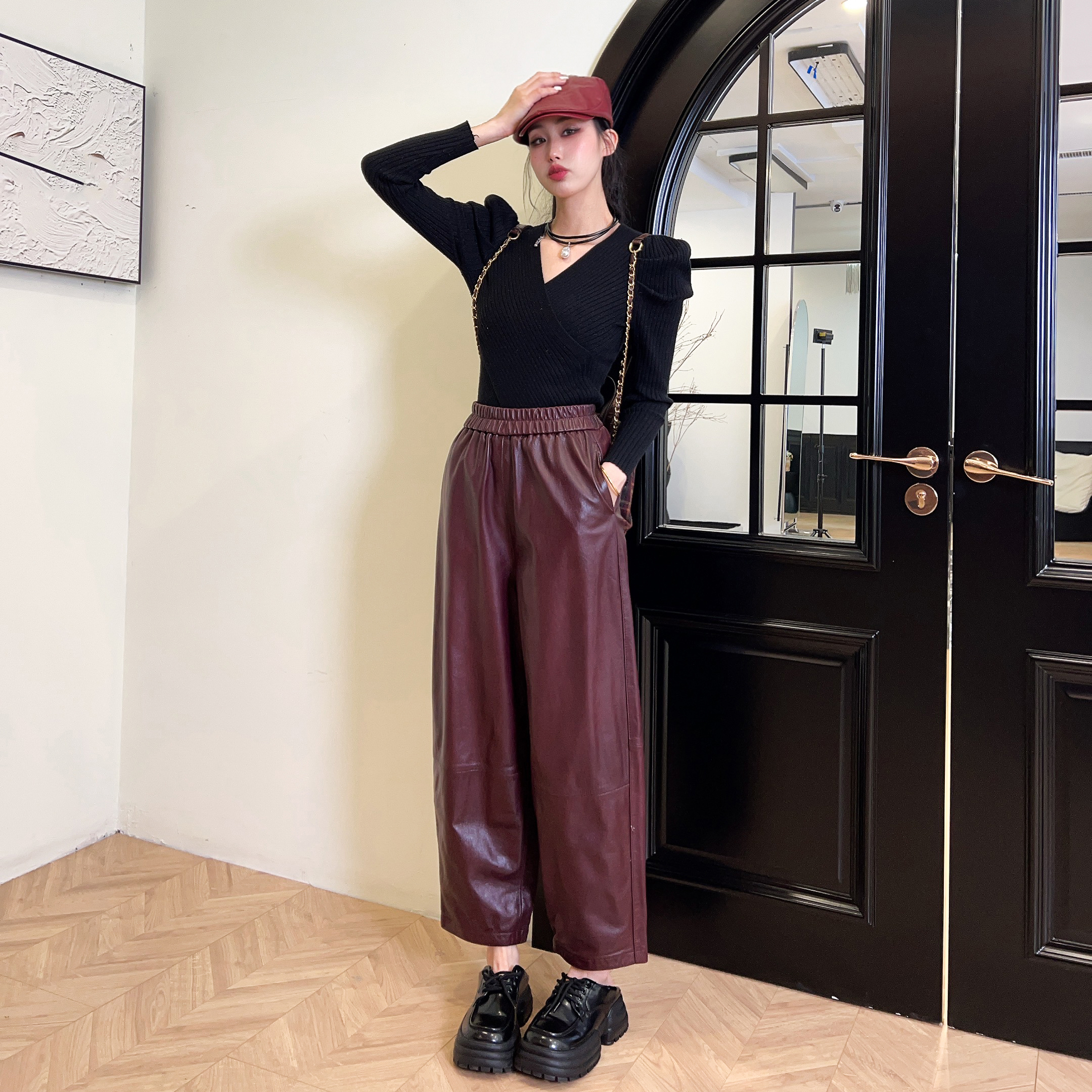 松紧腰通勤长裤真皮哈伦裤