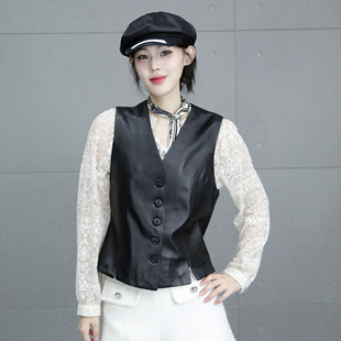 真皮马甲女款2025秋季新款绵羊皮黑色V领外搭坎肩修身显瘦背心潮