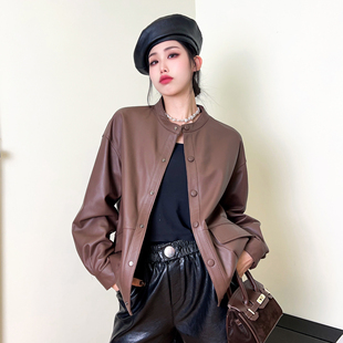 绵羊皮咖色夹克长袖 韩版 新款 2025年秋季 上衣真皮圆领外套 皮衣女款