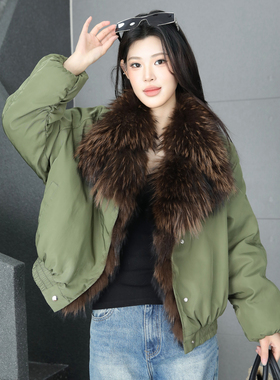 派克服女2025冬季新款貉子毛领皮草外套女短款军绿色长袖羽绒大衣