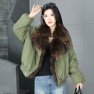 牛仔风派克服女2026冬新款貉子毛领皮草外套女短款军绿色长袖大衣