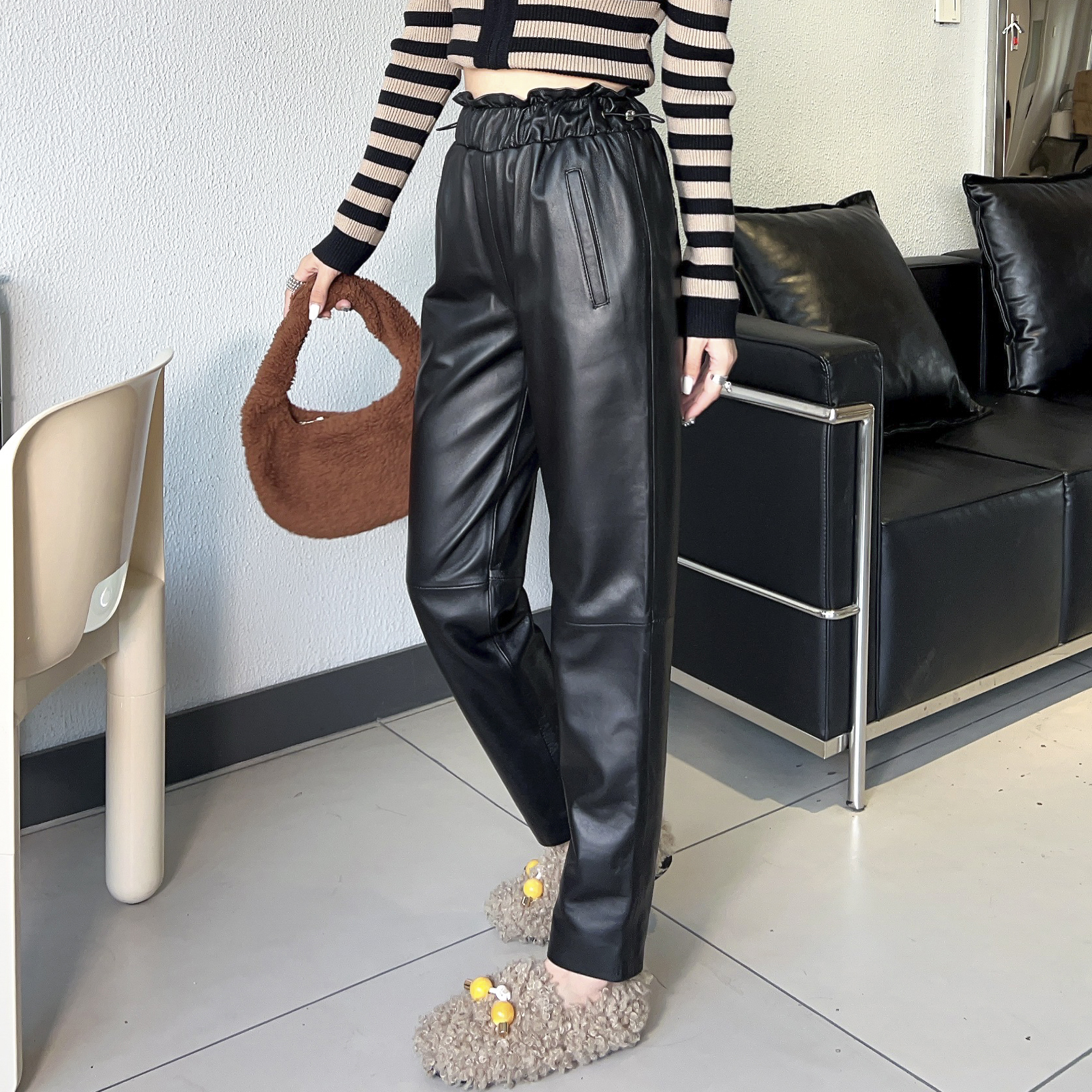 松紧腰通勤长裤黑色直筒裤