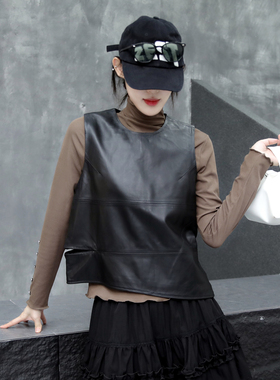 2025年秋季新款真皮马甲女短款绵羊皮黑色圆领无袖坎肩背心外套潮