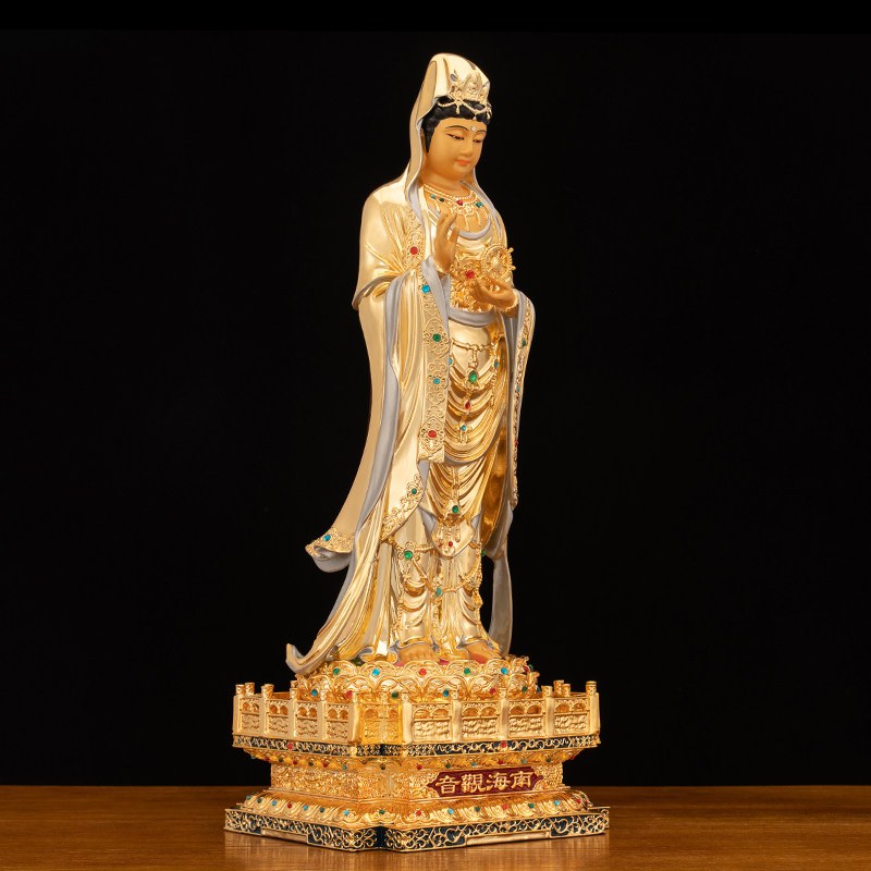 纯铜南海观音佛像家用供奉普陀山法轮观音铜像摆件观世音菩萨站像