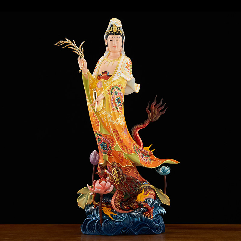 铜彩绘南海乘龙观音佛像摆件家用