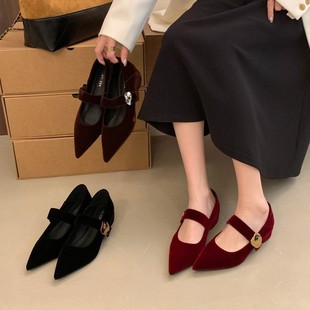 2026春季新款韩版绒面尖头玛丽珍鞋女中跟百搭通勤内增高单鞋粗跟