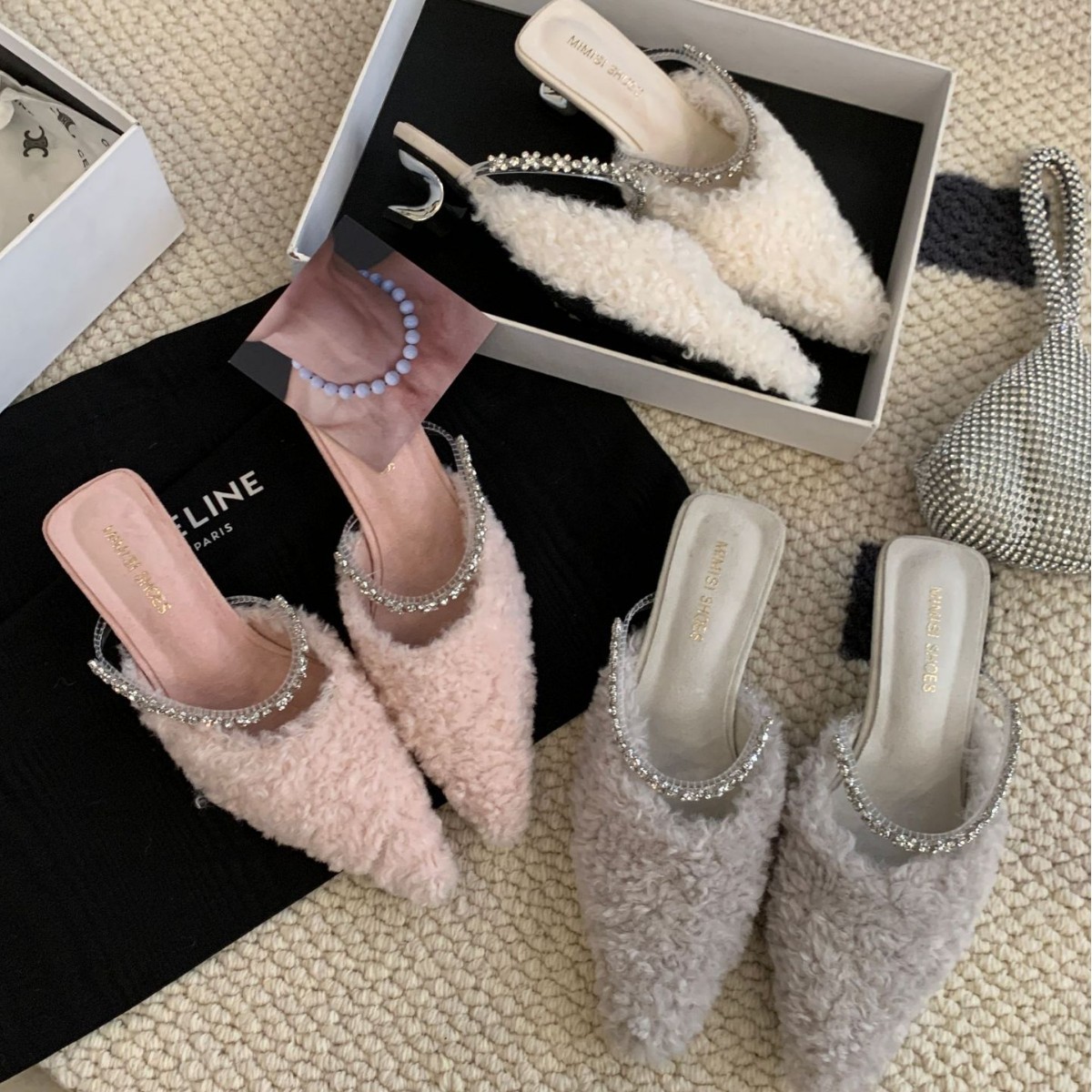 C99-A~包头半拖鞋女鞋子外穿2025年新款粗跟法式尖头毛毛穆勒鞋