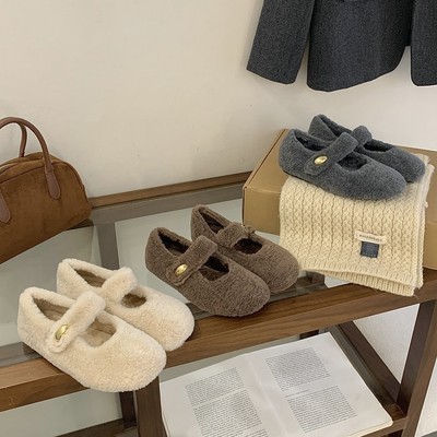 387-7~平底法式玛丽珍毛毛鞋女鞋子2025年秋冬季新款加绒棉鞋
