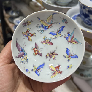 颜色釉粉色黄色普洱杯内绘蝴蝶主人杯单杯景德镇粉彩陶瓷日式茶杯
