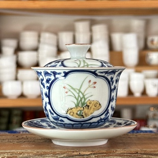 景德镇陶瓷粉彩兰花盖碗喝茶碗主青花瓷功夫茶具空谷幽兰品茗盖碗