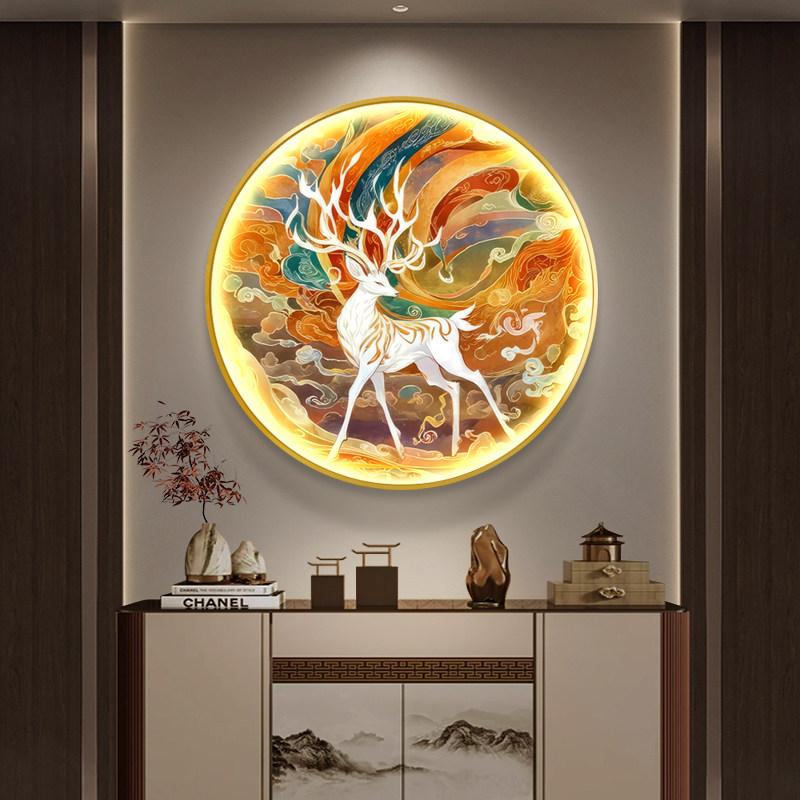 国潮敦煌九色鹿装饰画灯画入户玄关走廊餐厅孔雀LED灯壁画古风画
