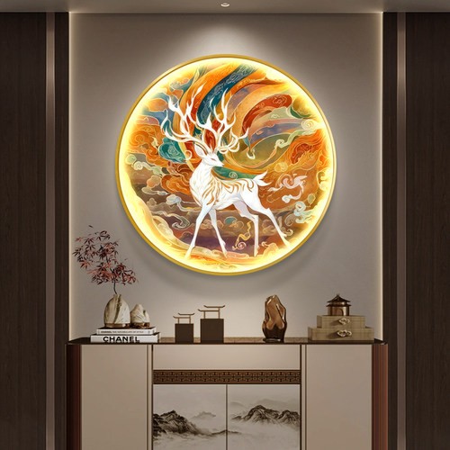 国潮敦煌九色鹿装饰画灯画入户玄关走廊餐厅孔雀LED灯壁画古风画