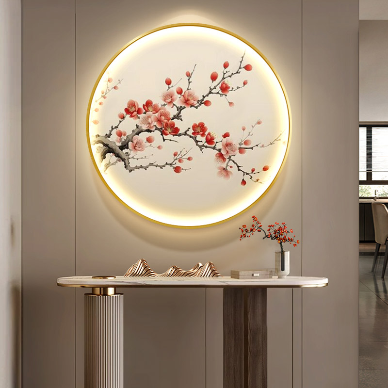 新中式梅花图圆形发光装饰画 画客厅玄关LED灯光画 画花鸟饭厅茶