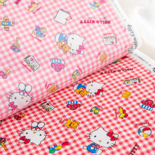 日本进口hellokitty格子可爱卡通牛津纯棉细帆布手工包包帽服装布