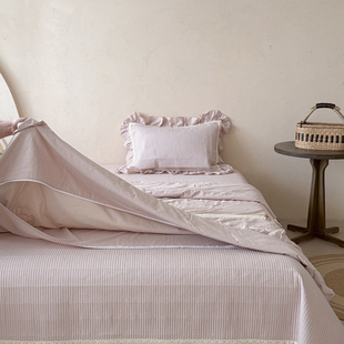 法式纯色天竹棉麻多功能夹棉被套四件套全棉加棉床盖款纯棉花边款