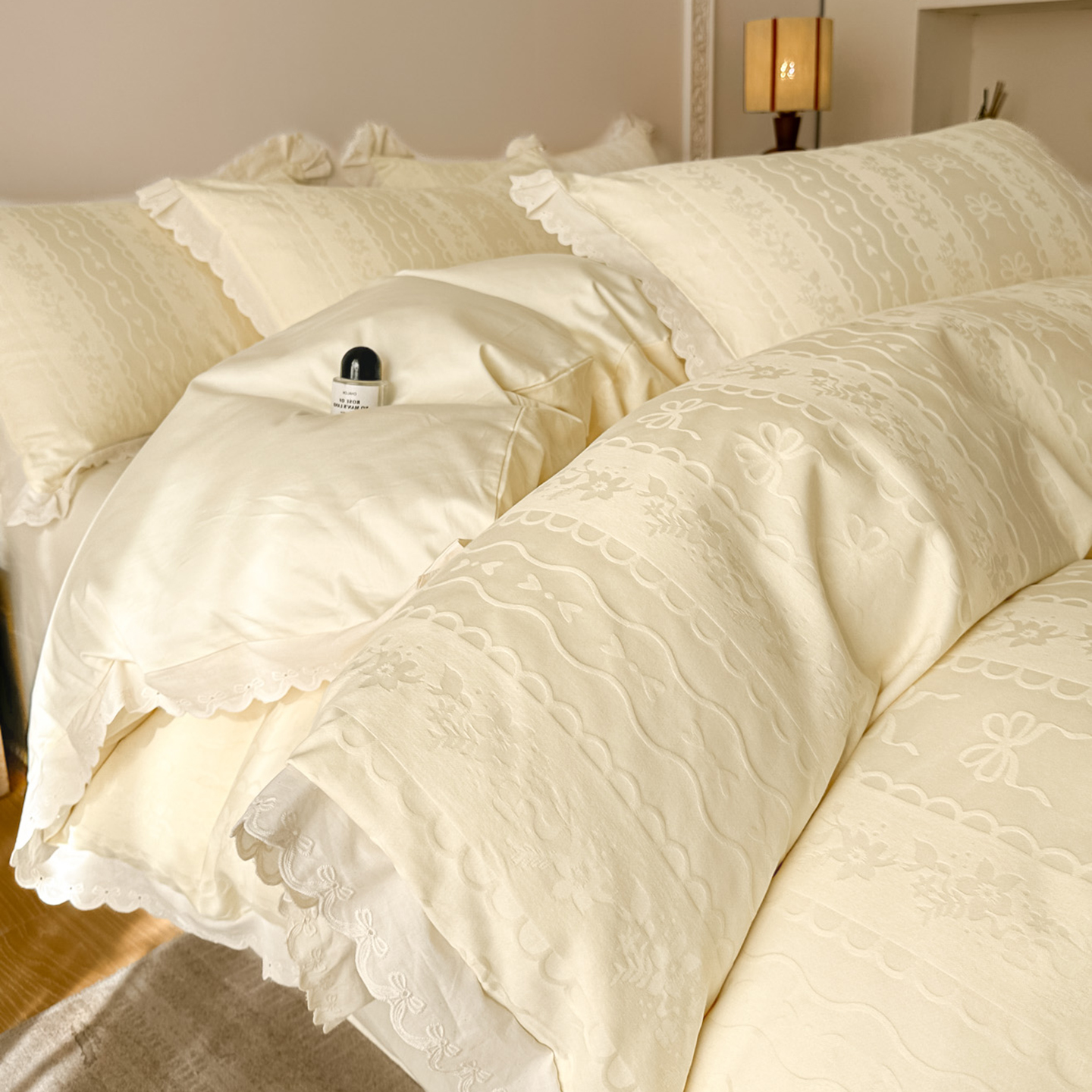 韩式花边长绒棉纯棉四件套立体提花被套全棉纯色高端简约法式床品