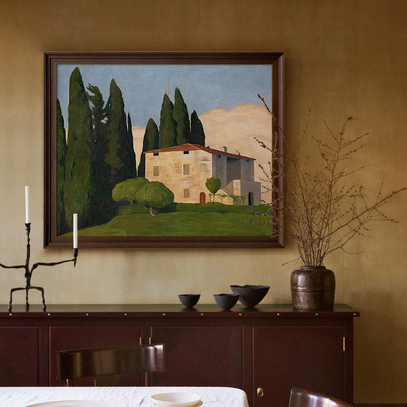 绿色复古客厅沙发墙装饰画南洋风玄关挂画餐厅高级感风景艺术壁画