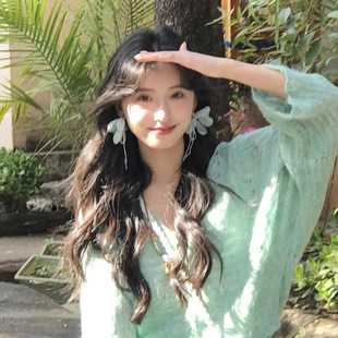 薄荷曼波绿色海边度假风水晶花朵流苏耳钉女长款设计夸张耳环耳饰