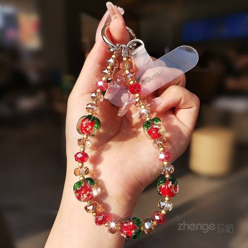 柿子水晶手机链ins女精致高级感手作串珠挂件饰品手腕短款户外绳