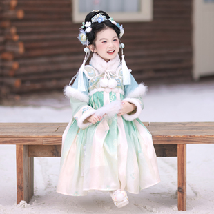 儿童中国风古装 女童汉服秋冬款 改良连衣裙襦裙加厚套装 雪团子
