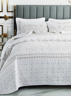 出口欧式全棉复古美式纯色白色绗缝被三件套床上用品夏凉被床盖