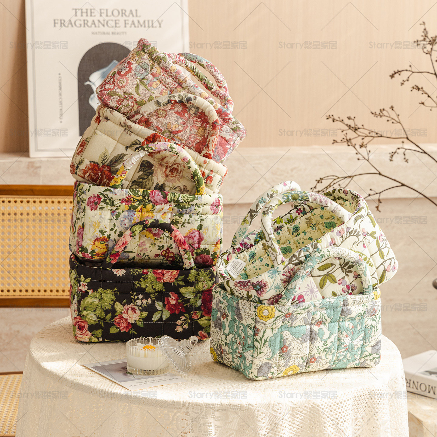 韩系ins风棉布收纳包绗缝夹棉手提篮小号便携杂物收纳置物筐收纳,收纳整理,收纳筐,淘宝优惠券,粉丝福利购,淘宝优惠卷