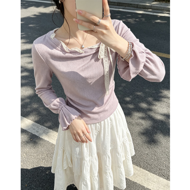 紫色长袖t恤女早秋季新款蝴蝶结系带喇叭袖气质内搭巨好看的上衣