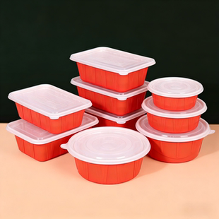 一次性餐盒红色方形打包盒食品级快餐盒米饭盒外卖圆形碗龙虾包装