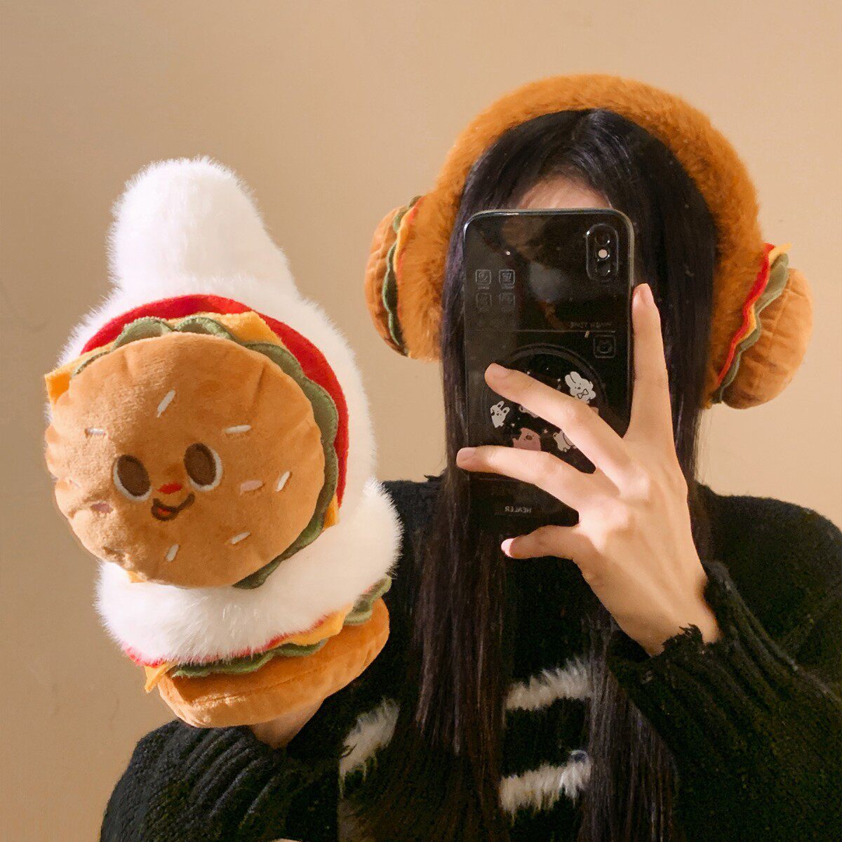 hamburger可爱汉堡包毛绒保暖耳罩女防风防寒骑行护耳包秋冬耳套