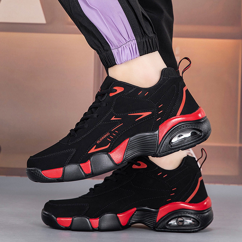 秋季男鞋青年气垫减震跑步鞋皮面防泼水旅游鞋轻便防滑厚底运动鞋