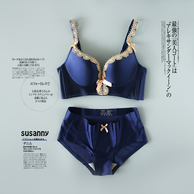 聚拢文胸性感深V拉丝无钢圈防滑调整聚拢女士内裤内衣套装蕾丝