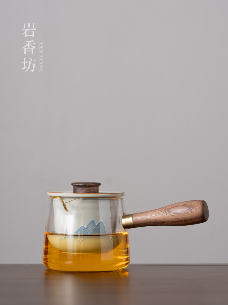 岩香坊草木灰手绘山水釉下彩玻璃侧把壶陶瓷家用茶壶中式泡茶壶