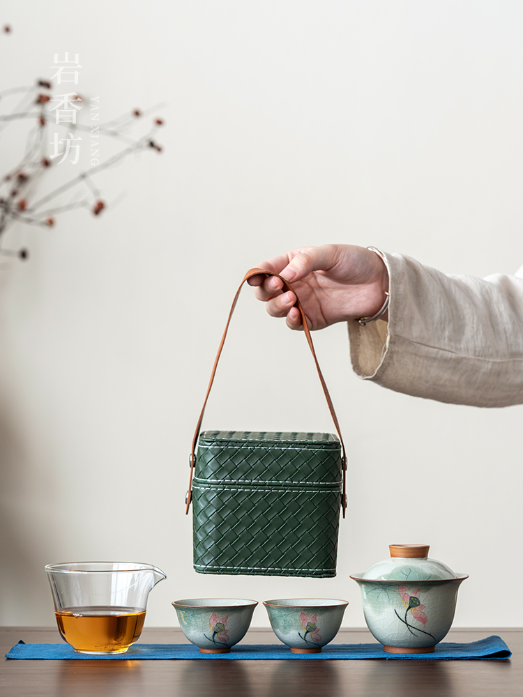 岩香坊冰裂手绘盖碗旅行功夫茶具陶瓷釉下彩便捷快客杯户外中式