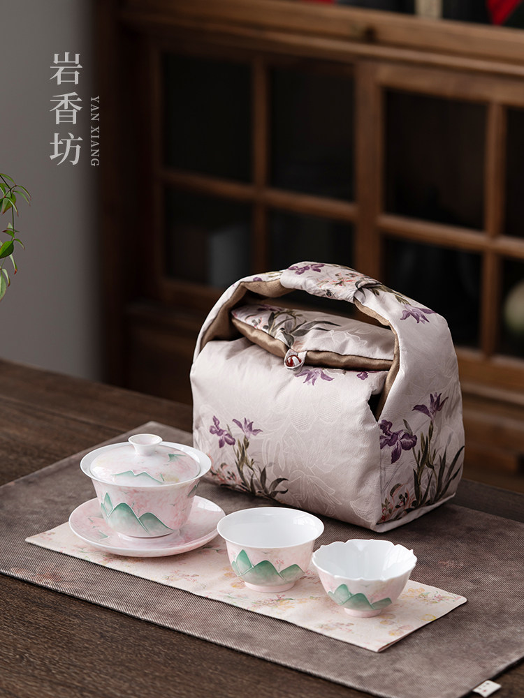岩香坊白瓷手绘山水三才盖碗釉下彩功夫茶具套装便捷旅行女士,餐饮具,功夫茶具,淘宝优惠券,粉丝福利购,淘宝优惠卷