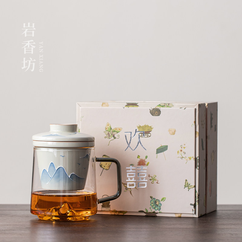 纯手绘山水釉下彩玻璃办公杯个人专用水杯内胆过滤大容量泡茶杯