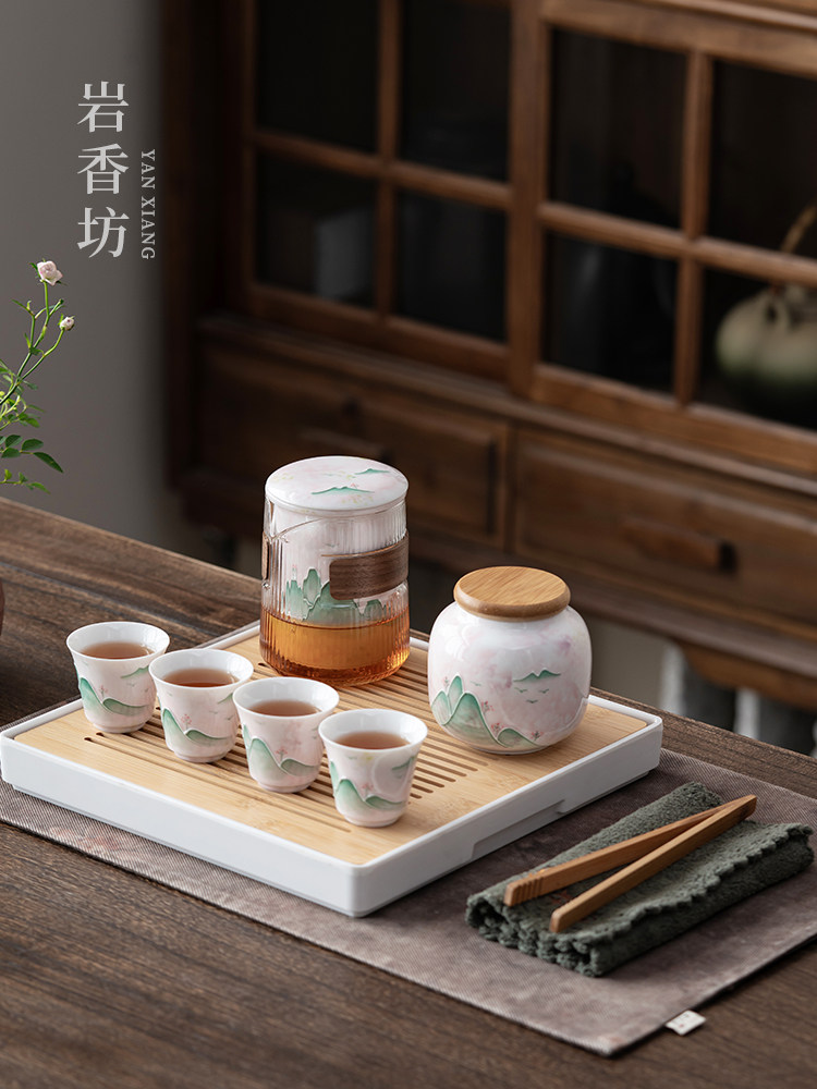 岩香坊白瓷手绘山水釉下彩玻璃旅行茶具陶瓷中式便捷旅行快客杯,餐饮具,功夫茶具,淘宝优惠券,粉丝福利购,淘宝优惠卷