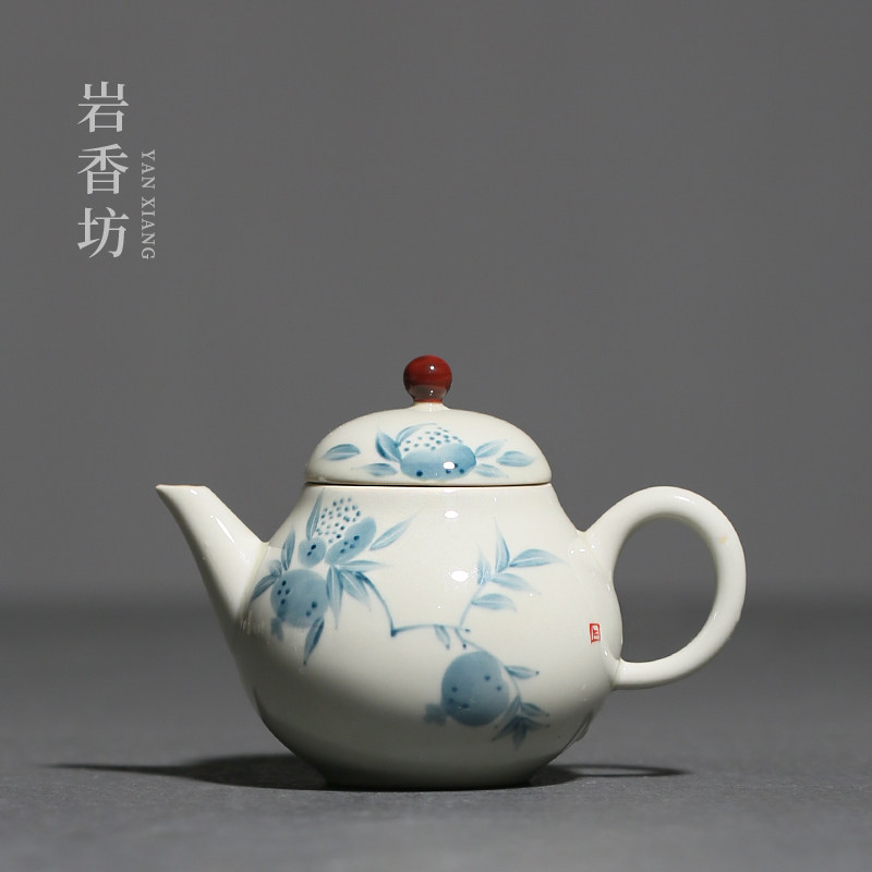 岩香坊草木灰手绘石榴小茶壶陶瓷釉下彩家用单壶中式泡茶壶