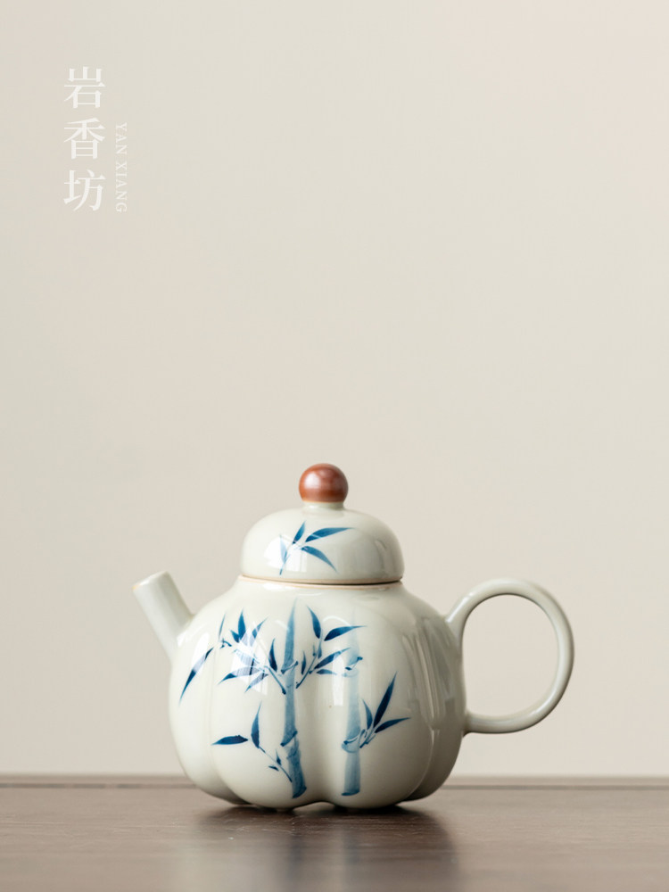 岩香坊草木灰手绘竹子南瓜壶釉下彩陶瓷茶壶家用泡茶壶中式茶具