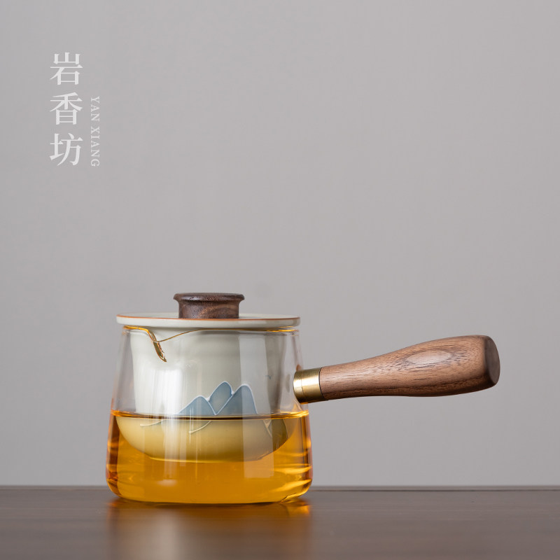 岩香坊草木灰手绘山水釉下彩玻璃侧把壶陶瓷家用茶壶中式泡茶壶