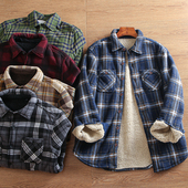 大码 出口北美 宽松加绒加厚防风保暖羊羔绒格子衬衫 外套 冬季 男士