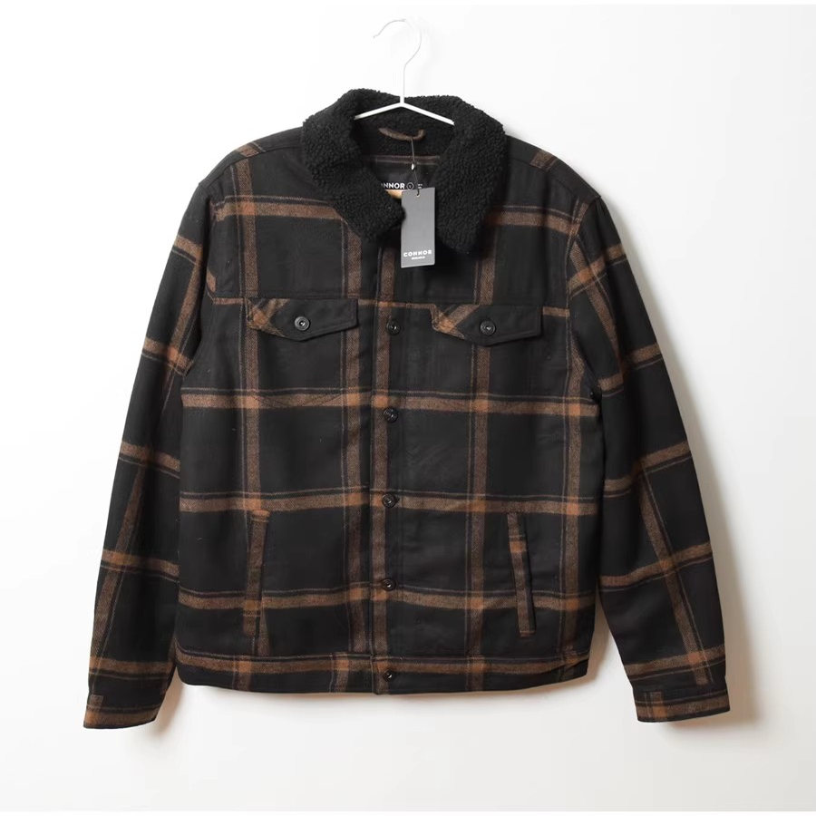 外贸单澳洲羊毛混纺 冬季男士加绒毛呢格子外套 加绒加厚夹克棉衣