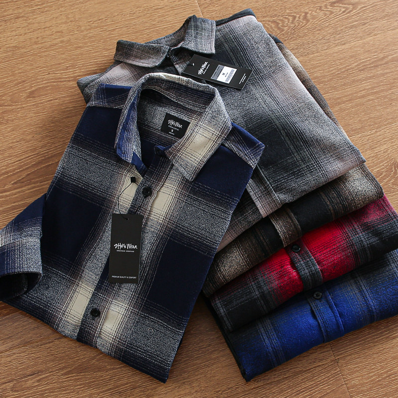 整单大捡漏 西海岸复古格纹 春男装渐变宽松水洗磨毛休闲长袖衬衫