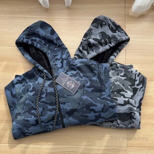 外贸美单 冬季男士加绒加厚保暖迷彩连帽休闲针织开衫毛衣卫衣潮