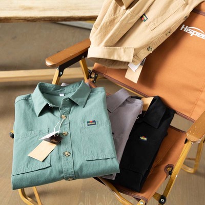 日系 春季男士水洗纯棉纱卡宽松硬挺工装休闲翻领长袖衬衫 衬衣潮